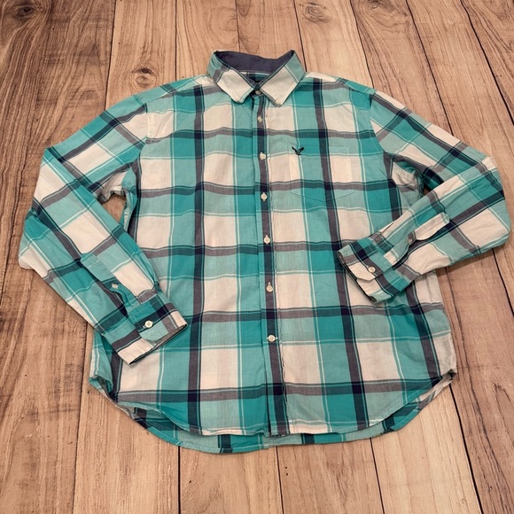 American Eagle Outfitters Teal and White Plaid Classic fit Shirt/size L - Picture 8 of 10